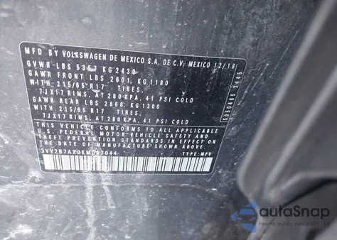 2019 Volkswagen Tiguan 2.0T Se/2.0T Sel/2.0T Sel R-Line/2.0T Sel R-Line Black z USA, uszkodzony, nr VIN 3VV2B7AX0KM067044